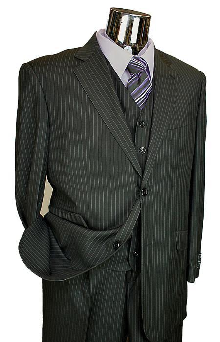Liquid Jet Black Stripe ~ Pinstripe Vested 3 Piece 2 Button Style Flat Front Pants Three Piece Suit