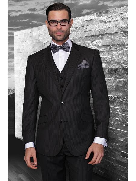 Style# Mens Three Piece Suit - Vested Suit Classic 3pc 2 Button Style Liquid Jet Black Stripe Athletic Cut Suits Classic Fit  Superior Fabric 150's Extra Fine Italian Fabric 