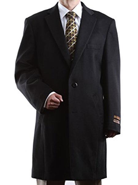 Men's 2 Buttons Black Notch Lapel Luxury Three Quarter Length Wool/Cashmere Topcoat 