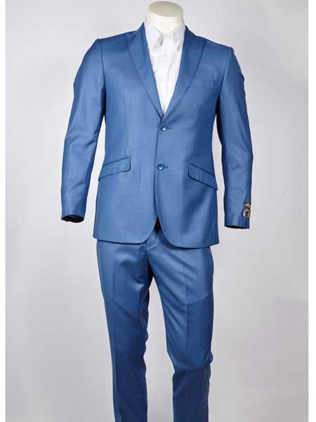  2 Button Style Blue Peak Lapel Slim narrow Style Fit Single Breasted Suit