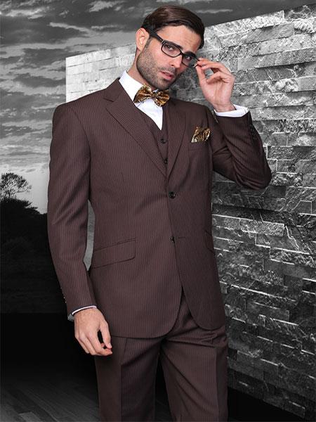 Style# Classic 3 Piece 2 Button Style brown color shade Stripe ~ Pinstripe Athletic Cut Suits Classic Fit  Superior Fabric 150's Extra Fine Italian Fabric 