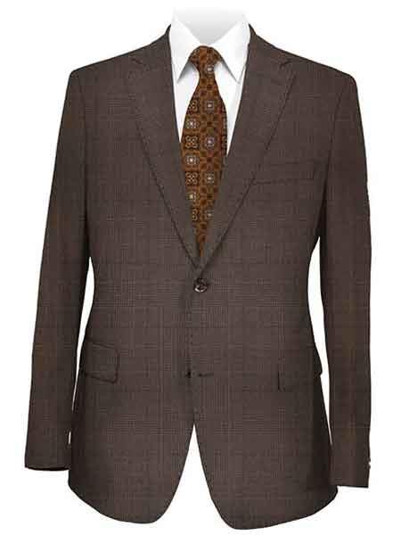 Notch Lapel 2 Button Style Medium brown color shade Plaid Suit Wool