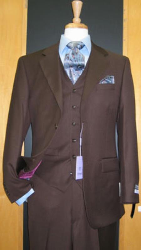 2 Button Style 3 Piece brown color shade Wool Fabric Flat Front Suit 