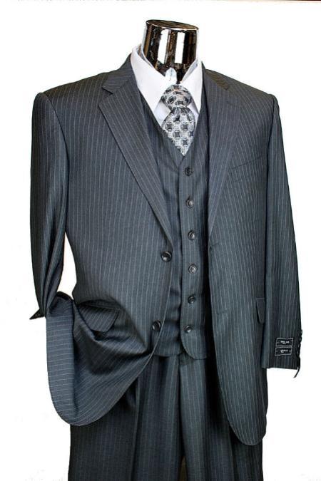 Dark Grey Masculine color Pinstripe 3 Piece 2 Button Style single three piece suit 