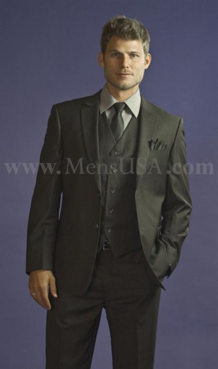 2 Button Style 3 Piece Dark Grey Masculine color Pinstripe Fitted affordable suit Online Sale 