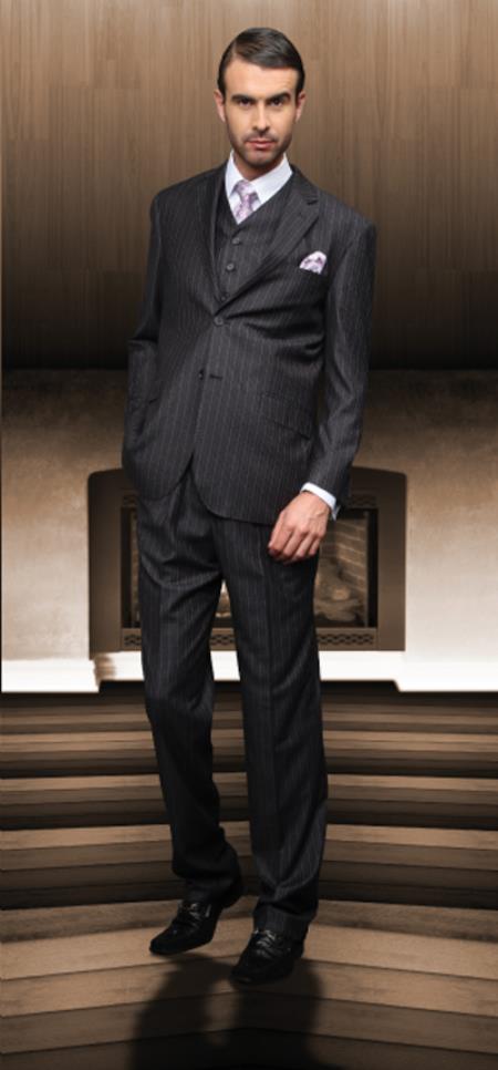 Classic 3pc 2 Btn Dark Grey Masculine color Athletic Cut Suits Classic Fit  Superior Fabric 150's 1 Pleat Pants Italian Fabric 
