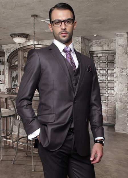 2 Button Style Heather Dark Grey Masculine color Suit with a Vest Superior Fabric 150's Italian Wool Fabric Pick Stitched Lapel Slanted Pocket 