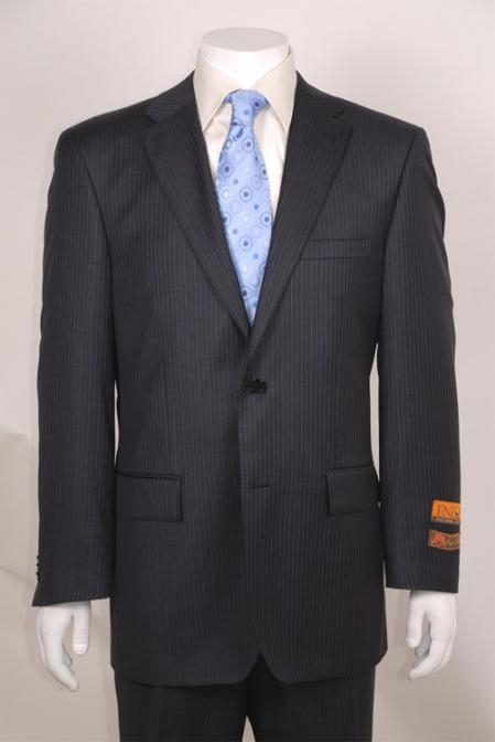 Dark Grey Masculine color Stripe ~ Pinstripe 2 Button Style without pleat flat front Pants Wool Fabric Suit 