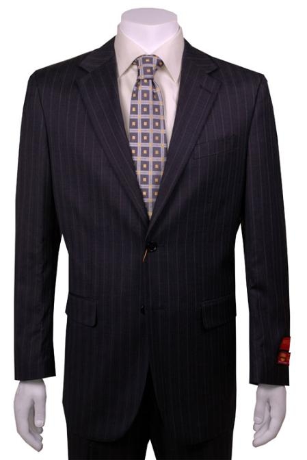 Suit Dark Grey Masculine color Stripe ~ Pinstripe 2 Button Style Vented Wool Fabric without pleat flat front Pants 