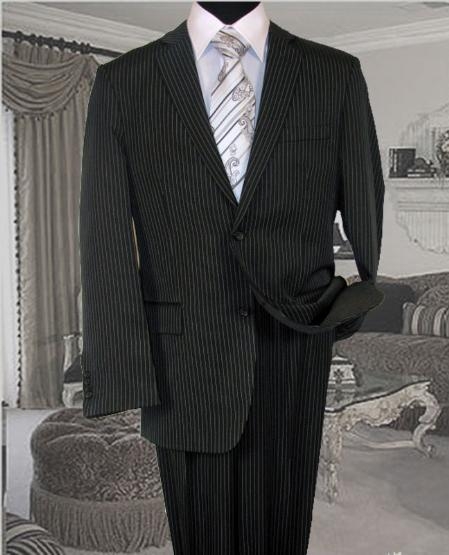 Dark Grey Masculine color With White Pinstripe Conversative 2 Button Style Flat Front cheap discounted Suit 