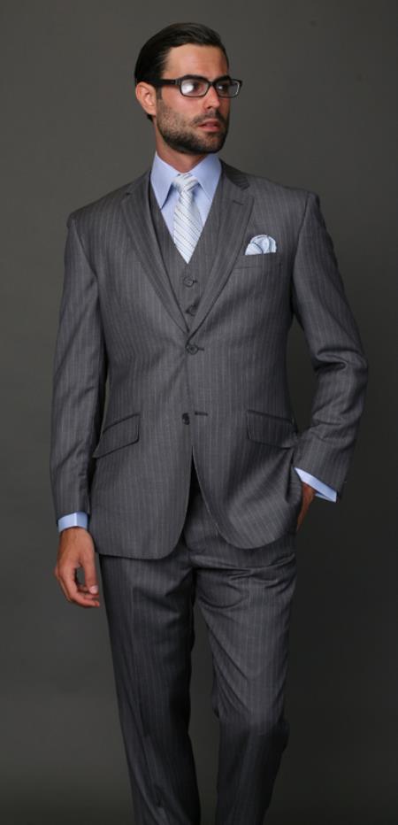 Men's Three Button Pin-Striped Fashion Suit w/ Matching Vest 5802V5 Cream 