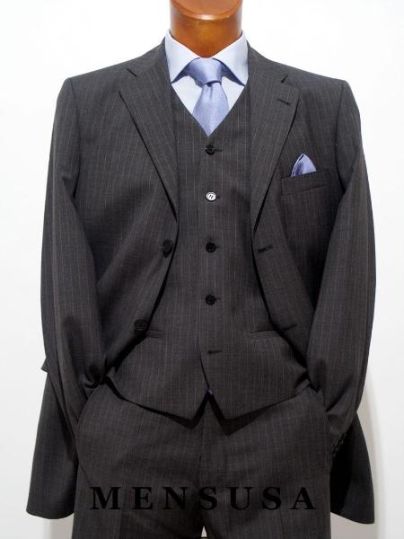 Superior Fabric Stylish Stunning Dark Grey Masculine color Gray Pinstripe Jacket + Pants + Vest Vested Suits for Online Available in 2 Buttons Style only