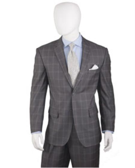 Men's Grey 2 Buttons Plaid ~ Window Pane Athletic Cut Suits Classic Fit Flat Front Pants Regular Cut