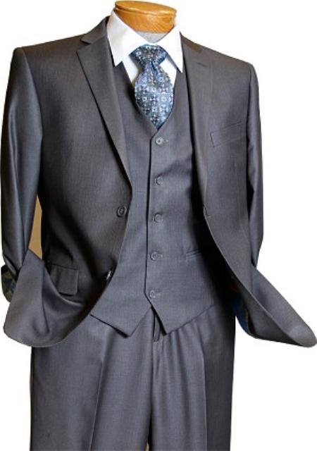 3 Piece Vested 2 Button Style Grey on Grey Pinstripe Slim narrow Style Fit Suit 