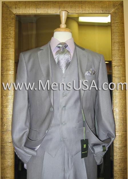 2 Button Style 3 Piece Grey Pinstripe Fitted Suit 