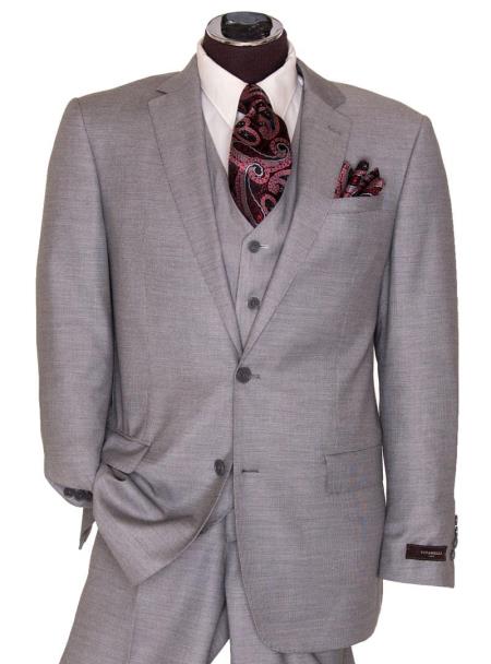 2 Button Style Light Grey Regular Basic Cut Flat Front Pants Three Piece Suit 