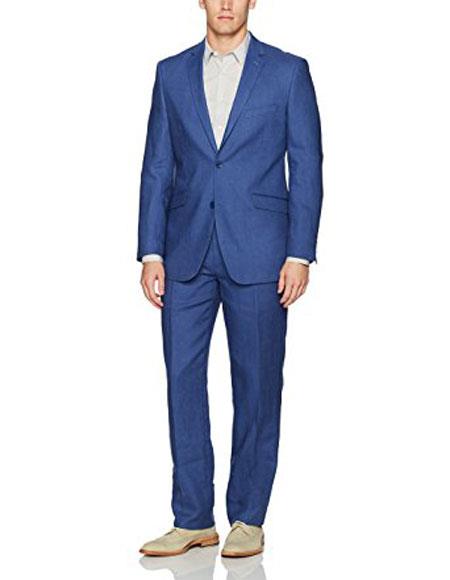  Men's 2 Buttons Indigo ~ Cobalt Blue Single Breasted 100% Men's 2 Piece Linen Causal Outfits Modern Fit Suit Flat Front Pant / Beach Wedding Attire For Groom - Mens Linen Suit
