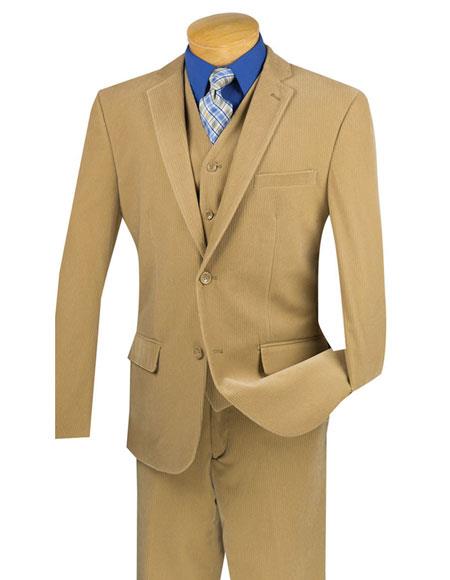Mens Corduroy Suit Mens Two Buttons Pinstripe ~ Stripe Khaki corduroy 2 piece vested suits Flat Front Pants