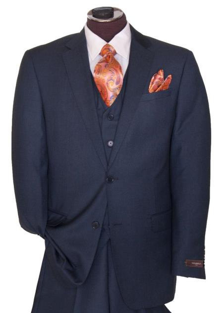 2 Button Style Navy Blue Shade Regular Basic Cut Flat Front Pants Three Piece Suit 