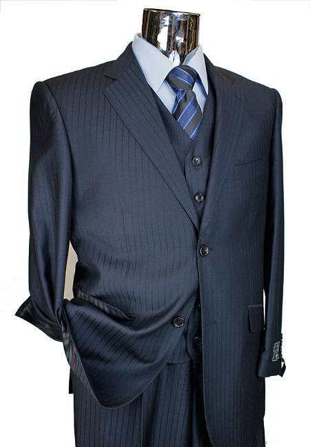 Navy Tone on Tone 3pc 2 Button Style single Pleated Slacks pantsr three piece suit 