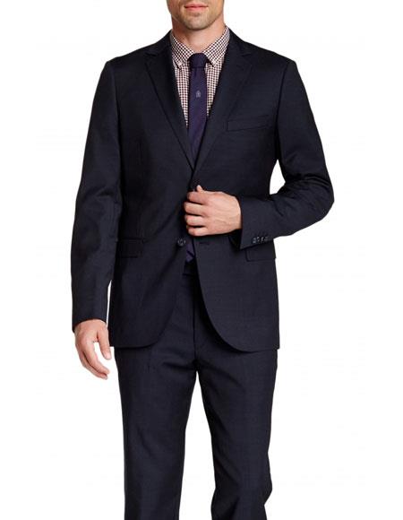  men's Navy Pindot Slim Fit 2 Buttons Wool Notch Lapel Suit