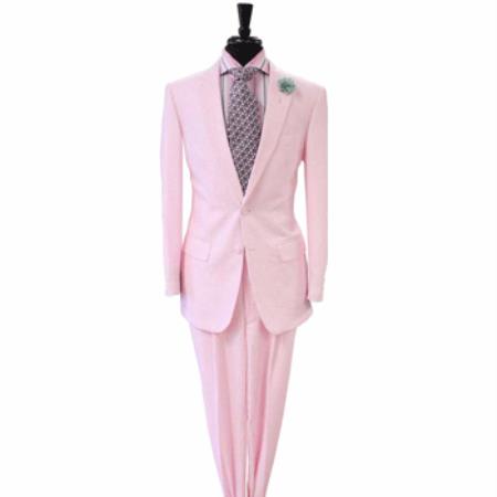 Light Pink Suit White Stripe ~ Pinstripe Summer Cheap priced men's Seersucker Suit Sale Fabric 2 Button Style Notch Lapel Suit 