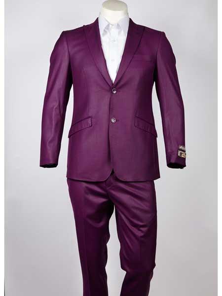  Slim narrow Style Fit Peak Lapel 2 Button Style Single Breasted Purple color shade Suit