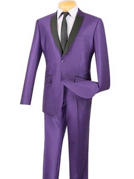  Slim narrow Style Fit 2 Button Style Purple color shade Sharkskin Single Breasted Black and Purple Tuxedo Style Suit