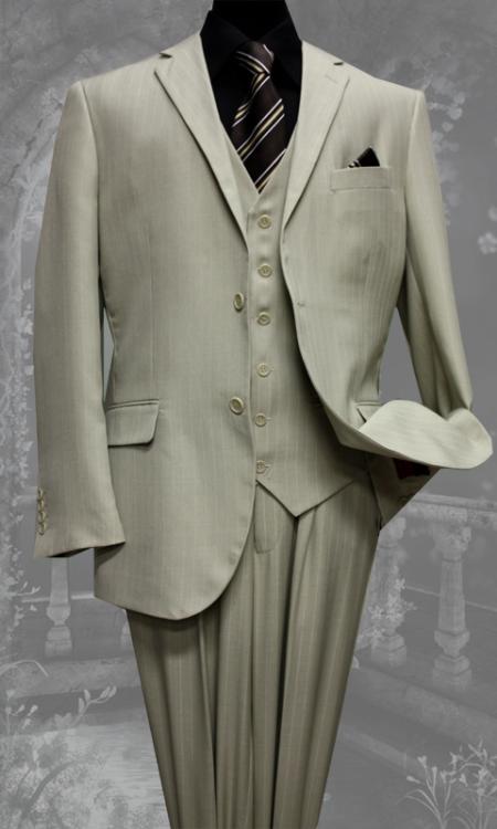 2 Button Style Vested 3 Piece With Vest Tan khaki Color Beige Pinstripe ~ Stripe Suit notch lapel Wool