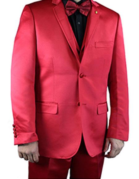  2 Buttons Notch Lapel Flat Front Pants Shiny Flashy red men's suit