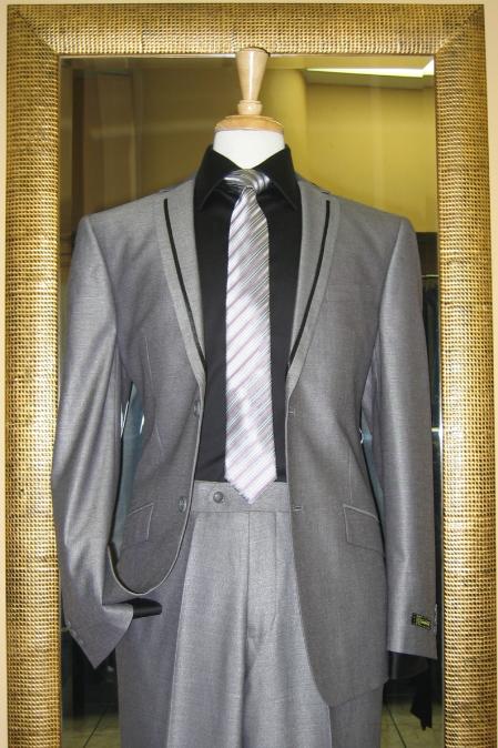 2 Button Style Black and Silver Suit Tuxedo Formal Looking Slim narrow Style Fit Suit with Taping on the Lapels 