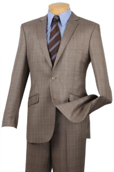 khaki Color800 Single Breasted 2 Button Style Slim narrow Style Fit affordable suit Online Sale Tan khaki Color ~ Beige Plaid ~ Windowpane pattern 