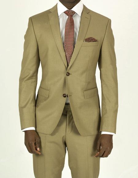  men's Pick Stitched 2 Button Slim Fit Skinny Tan Suit 