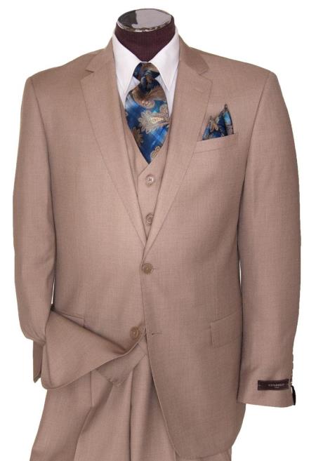 2 Button Style Tan khaki Color ~ Beige Regular Basic Cut Flat Front Pants Three Piece Suit 