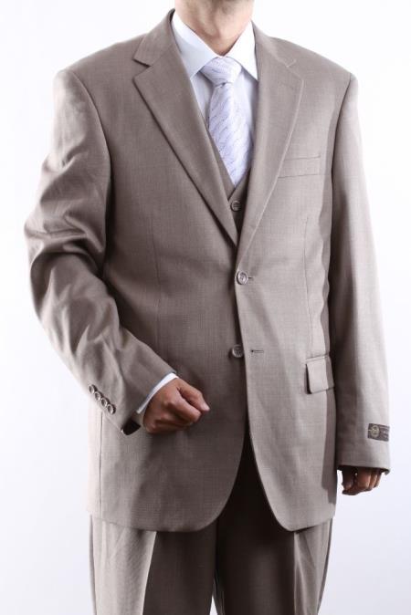 2 Button Style Tan khaki Color ~ Beige Tonal Jacket + Pants + Vest Vested Dress Athletic Cut Suits Classic Fit 