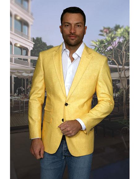  men's Yellow 2 Buttons Notch Lapel 100% Men's 2 Piece Causal Outfits Single Breasted Sport Coat Blazer / Beach Wedding Attire For Groom Mens linen suit
