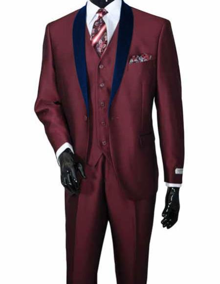  men's 2 Piece Two Toned Shawl Lapel Vested Burgundy Sharkskin Shiny Flashy Dark Navy Blue Lapel Suit