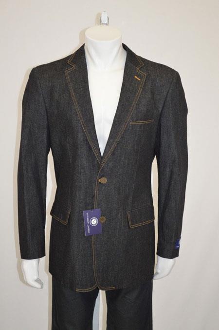 Two buttons Jean Sport coat Jacket Denim Blazer Online Sale with Contrast Stitches Liquid Jet Black 