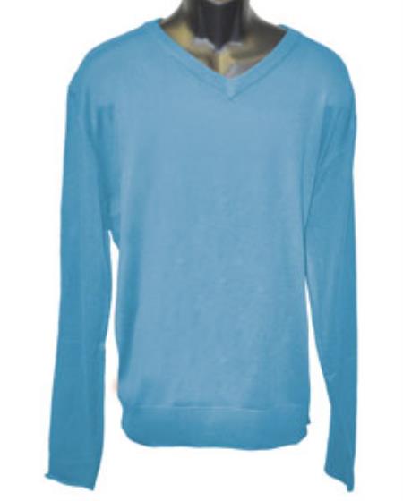  Men's V Neck Long Slevee Pigment Blue Sweater
