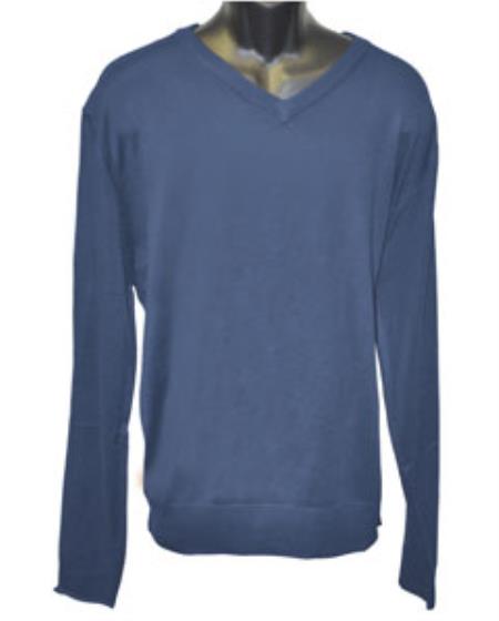  Men's V Neck Long Slevee Navy Blue Sweater