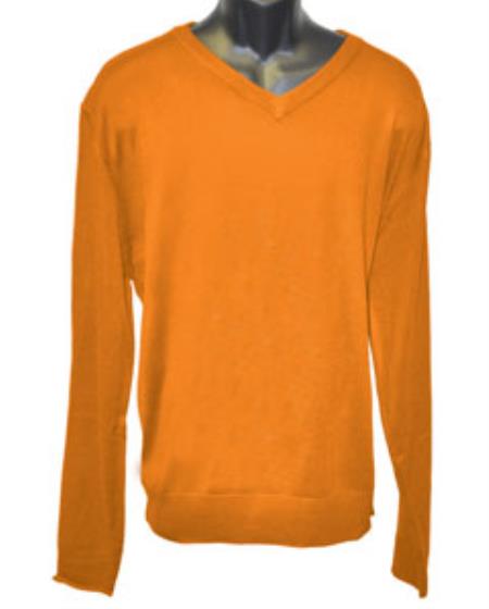  Men's V Neck Long Slevee Orange Sweater