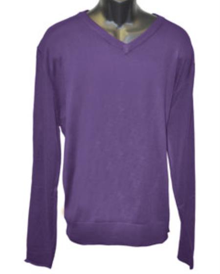  Men's V Neck Long Slevee Purple Sweater