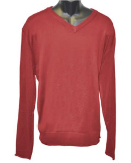  Men's V Neck Long Slevee Red Sweater