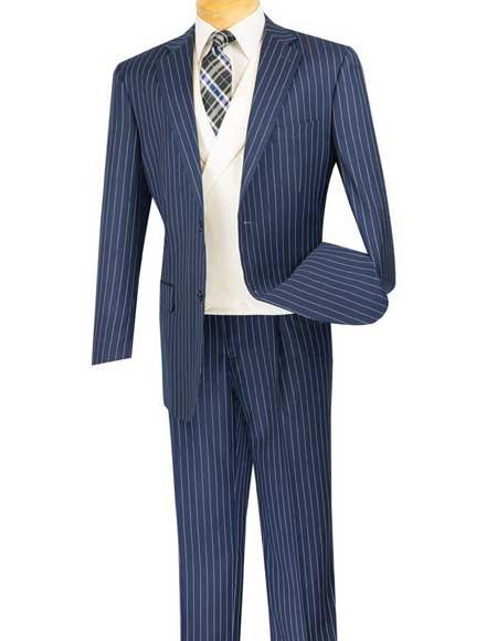  Vinci Blue 2 Button Style Striped White Double Breasted Vest Fashion Suit