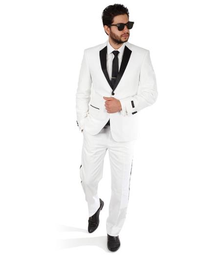  White 2 Button Style Slim narrow Style Fit Notch Lapel Satin Line Tuxedo Pants Clearance Sale Online