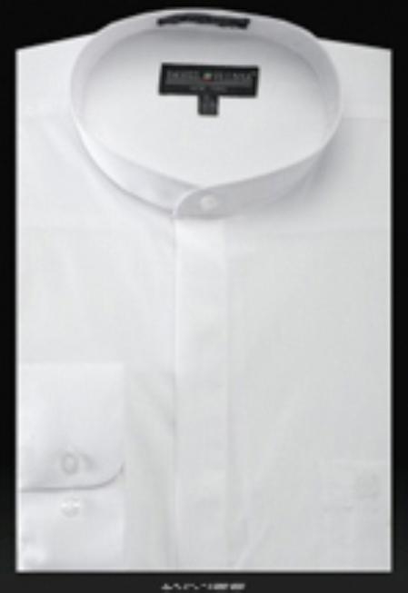 t#UB450 Basic Banded Collar dress shirts no collar mandarin Collarless White 