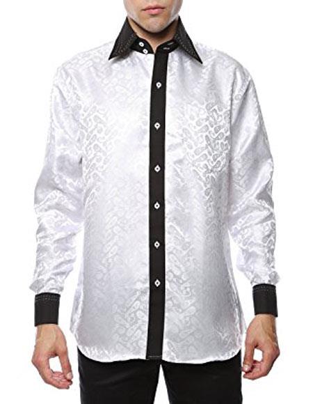 Men's Shiny Satin Floral Spread Collar Paisley White-Black Dress Shirt Flashy Stage Colored Two Toned Woven Casual 