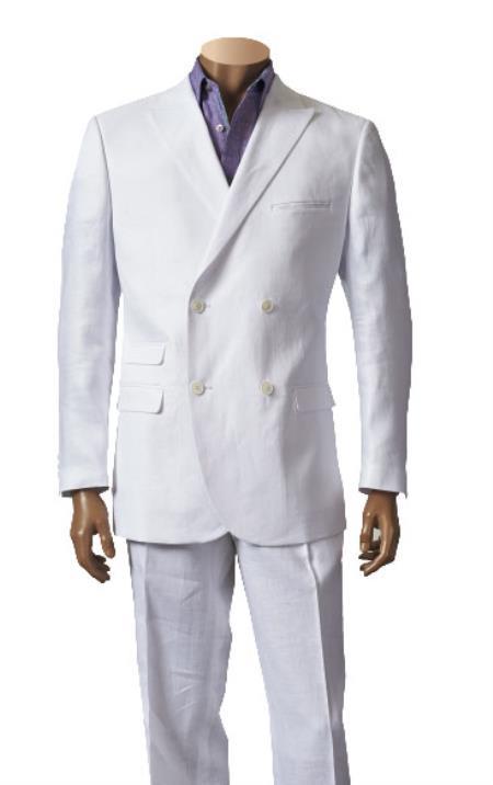  White 100% Linen Suit With Double Breasted Blazer Online Sale Peak Lapel Sport Coat Jacket Style - men's All White Linen Suit