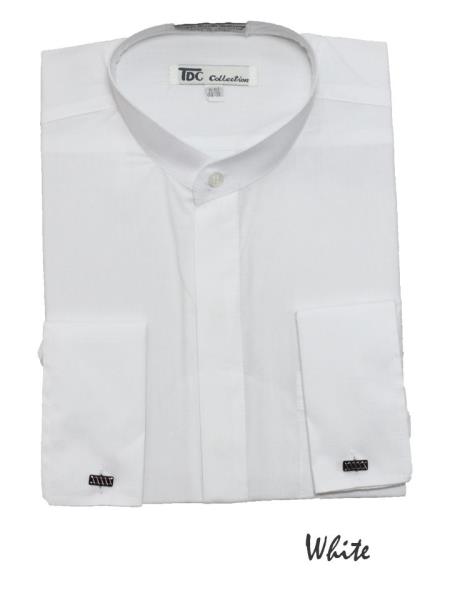 Fashion Hidden Button French Cuff no collar mandarin Collarless Dress Shirt White 