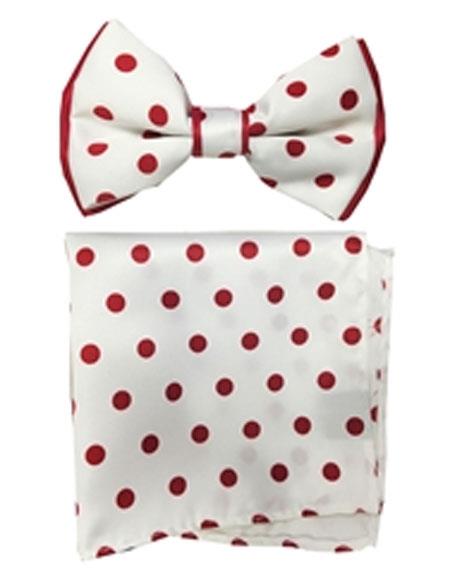  men's White / Red Polyester Satin dual colors (Red Polka Dot) Bowtie with hankie